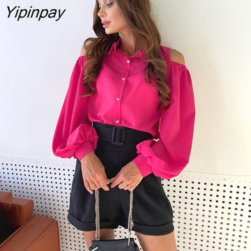 Yipinpay 2023 Spring Elegant Long Sleeve Women White Shirt Office Lady Button Up Off The Shoulder Woman Blouse Work Clothing Top
